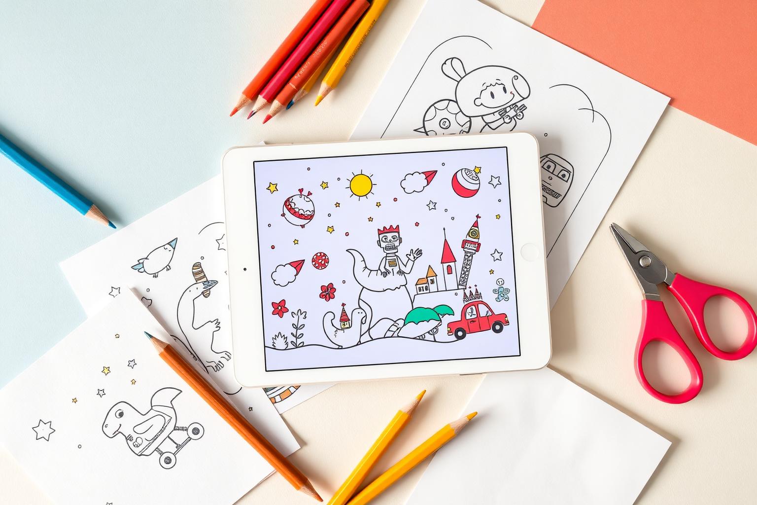 Tablet exibindo a plataforma Color Kids com atividades de dinossauros, robôs, animais e espaço espalhadas ao redor